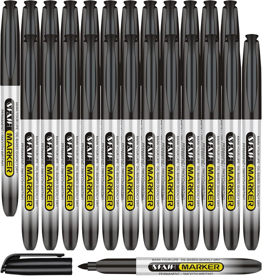 SFAIH Black Permanent Markers Bulk - 24 Pack, 1s Quick Dry, Non-Fading, Fine Point Permanent Pens for Plastic Glass Metal Wood Paper Stone, Office Classroom Kitchen, Doodling, Marking, Waterproof