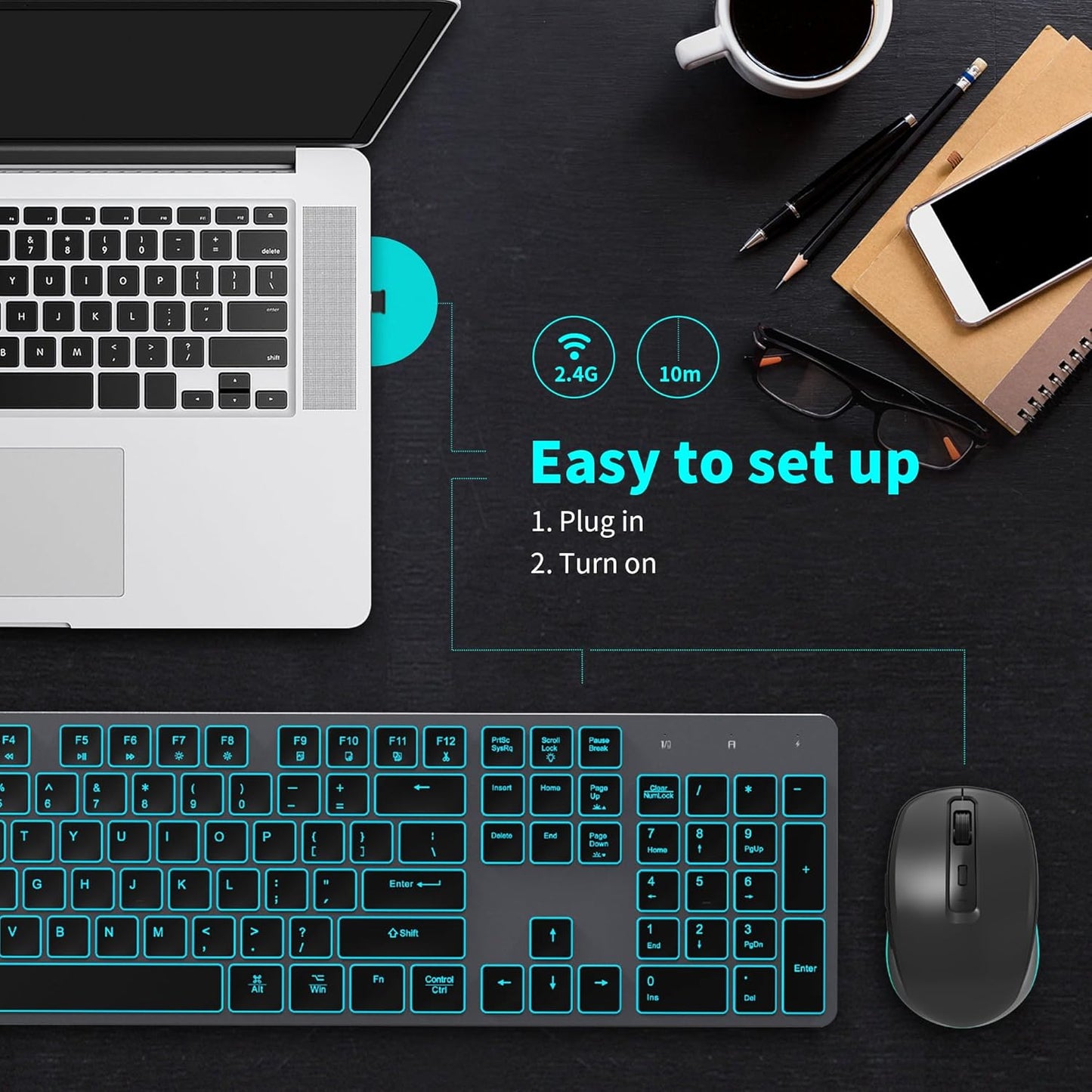 Backlit Wireless Keyboard and Mouse, Rechargeable Quiet Wireless Keyboard Mouse Combo, Jiggle Mouse, 2.4G Cordless USB Keyboard Slim Full Size for Apple iMac, MacBook, laptop and PC, Space Gray