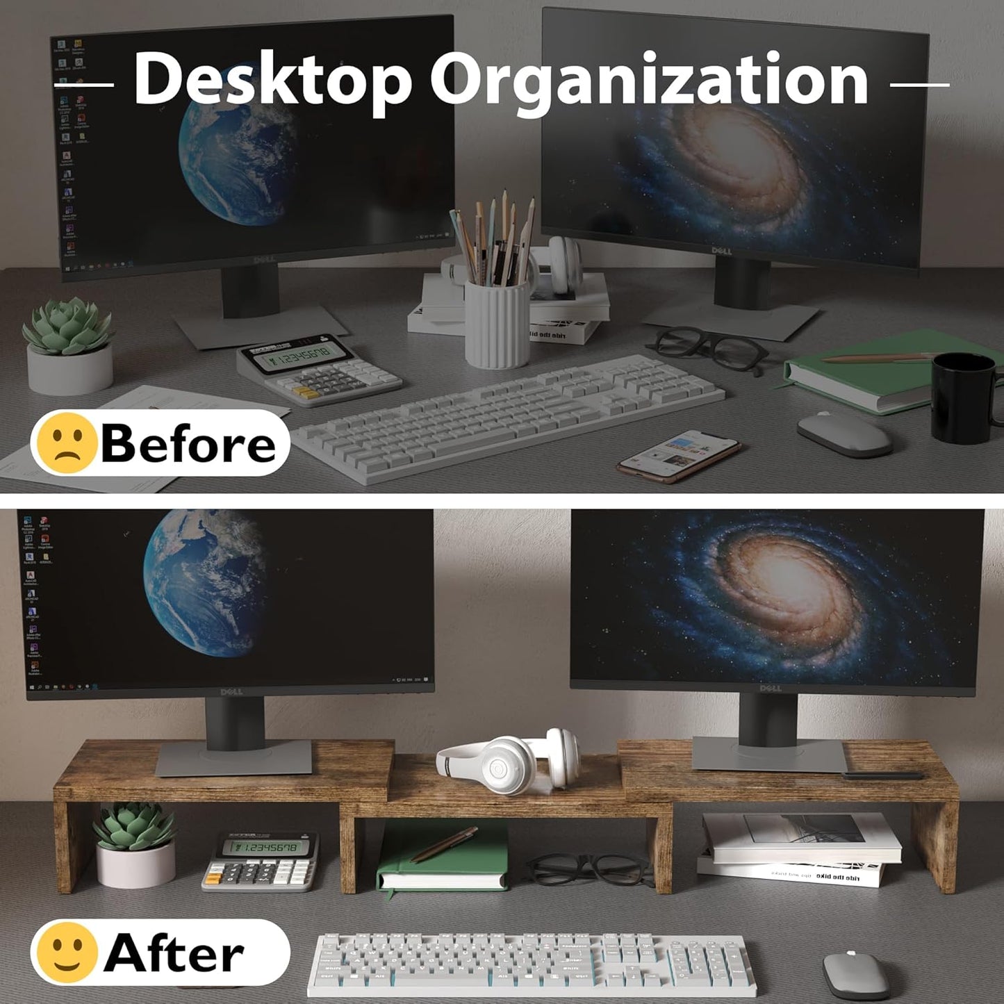 BONTEC Dual Monitor Stand Riser with Smartphone Holder, Adjustable Length & Swivel Angle, Ergonomic Wooden Desktop Organizer for PC Monitor, Laptop, Printer, Large Storage, Rustic Brown