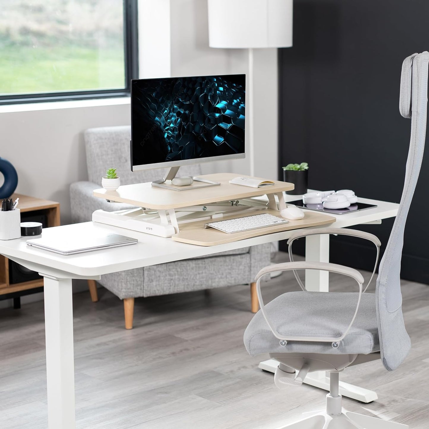 VIVO 26 inch Desk Converter, K Series, Height Adjustable Sit to Stand Riser, Dual Monitor and Laptop Workstation with Keyboard Tray, Light Wood Top, White Frame, DESK-V026KF
