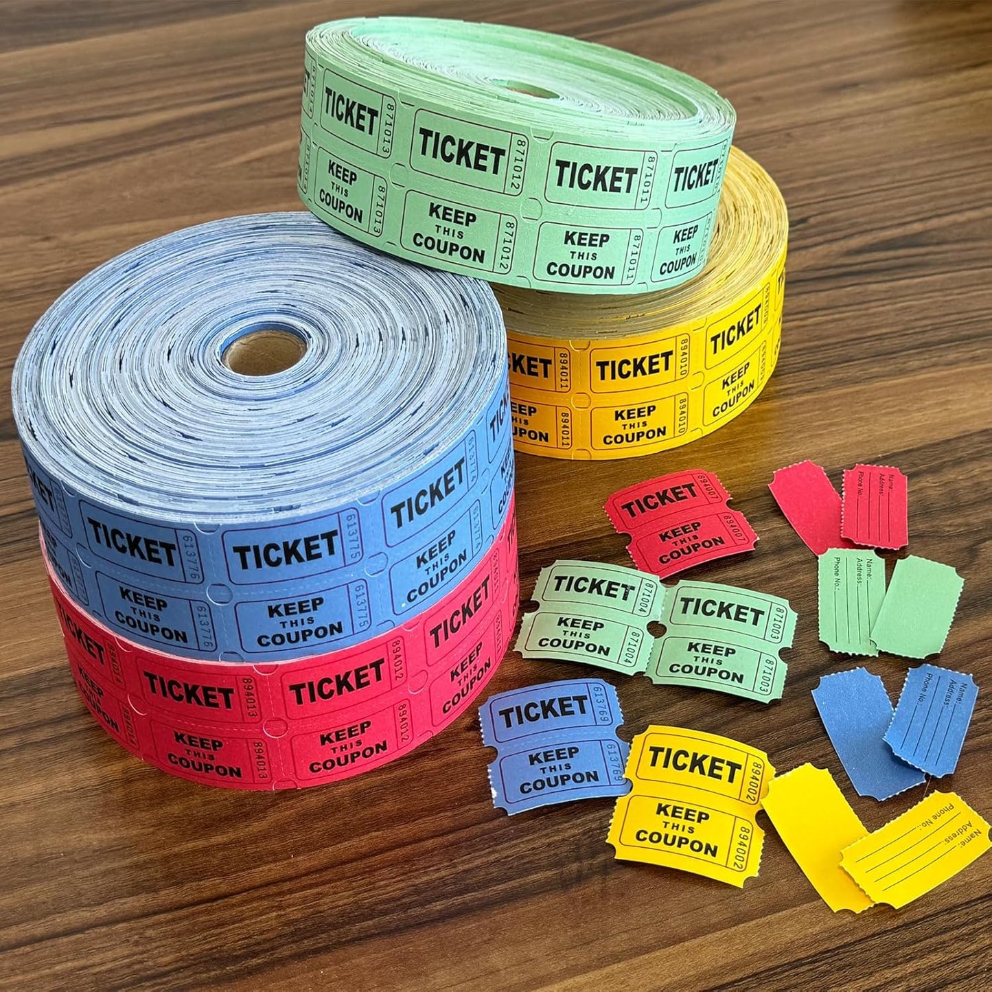 Yuanhe Raffle Tickets Double Roll - 8000 Total 50/50 Raffle Tickets for Events, Entry, Class Reward, Fundraiser, Carnivals, Door Prizes, Color Red Yellow Blue and Green