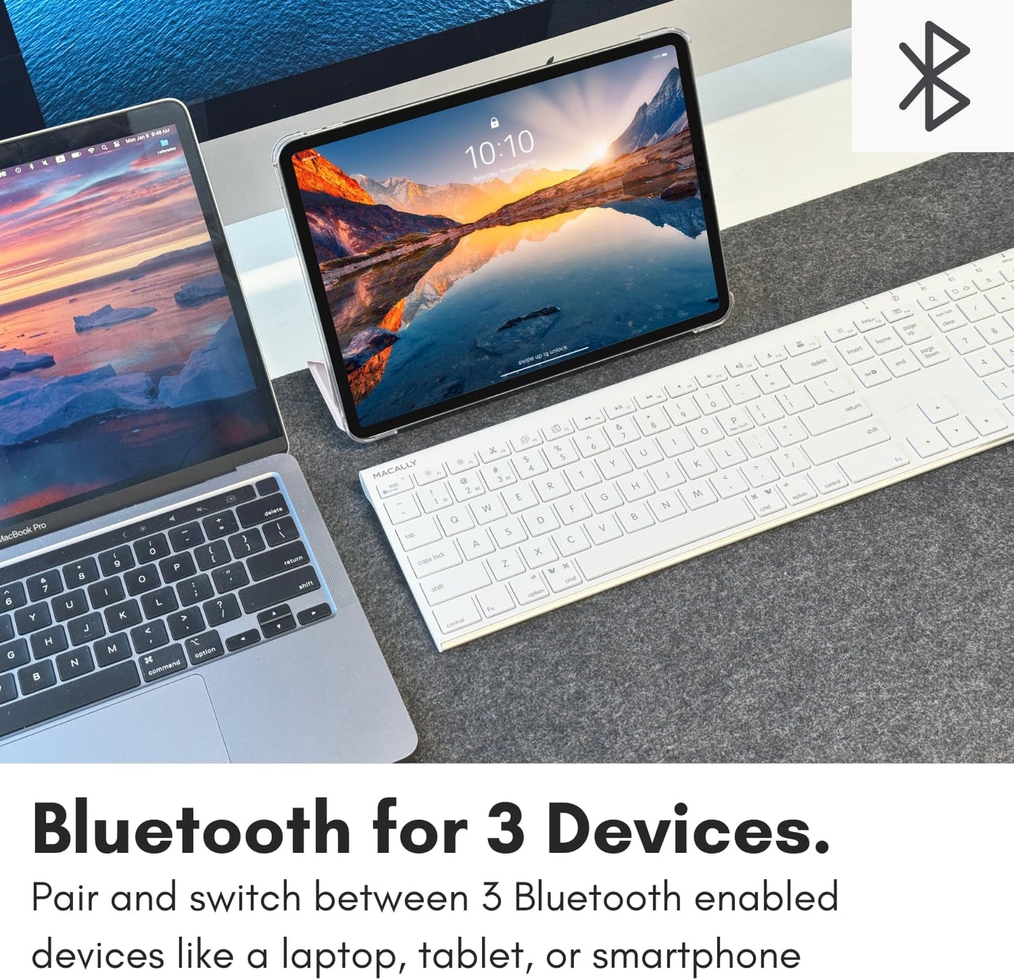 Macally Wireless Bluetooth Keyboard for Mac - Compatible Apple Keyboard or MacBook Pro/Air, iMac - Multi-Device, Up to 3 Devices with 110 Keys, 20 Shortcuts, Numeric Keypad, and Rechargeable - White