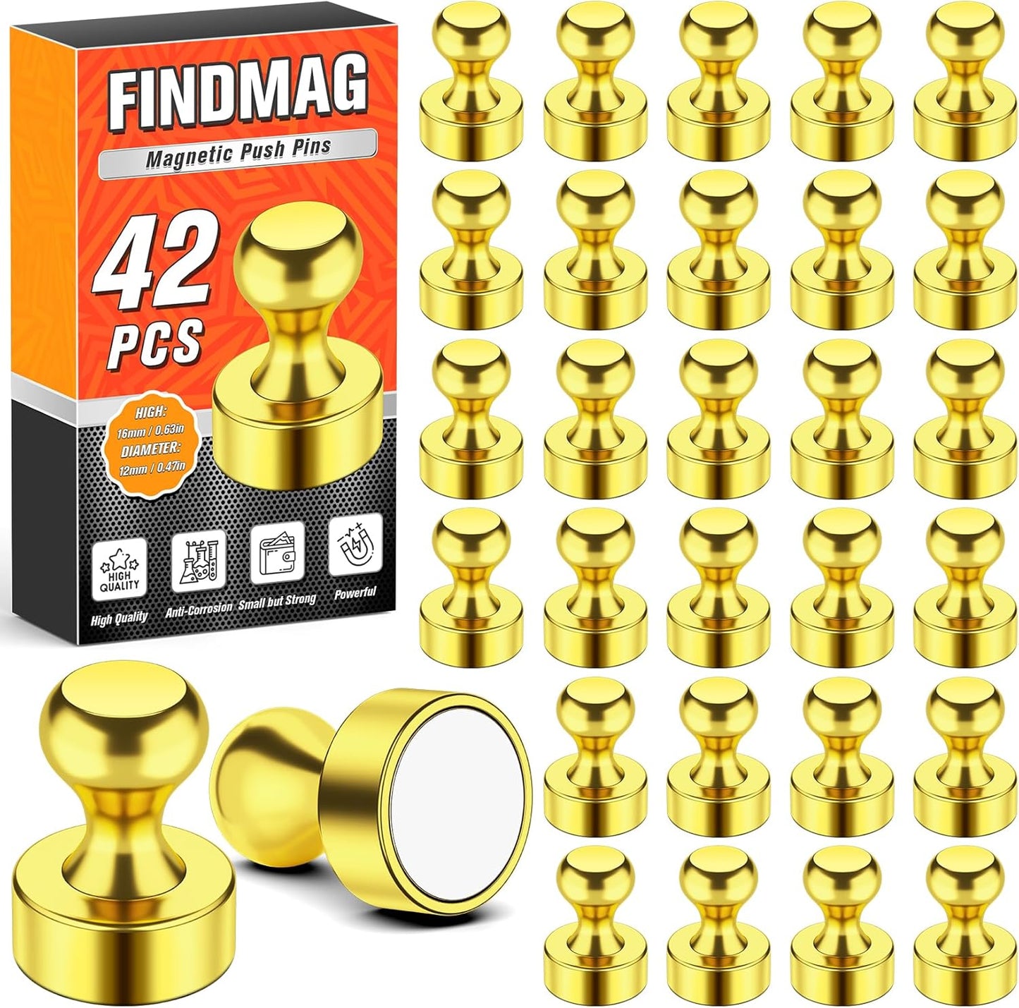 FINDMAG Strong Neodymium Magnets for Fridge, Small Whiteboad Magnets for Classroom, Office, Adult, Magnetic Push Pins