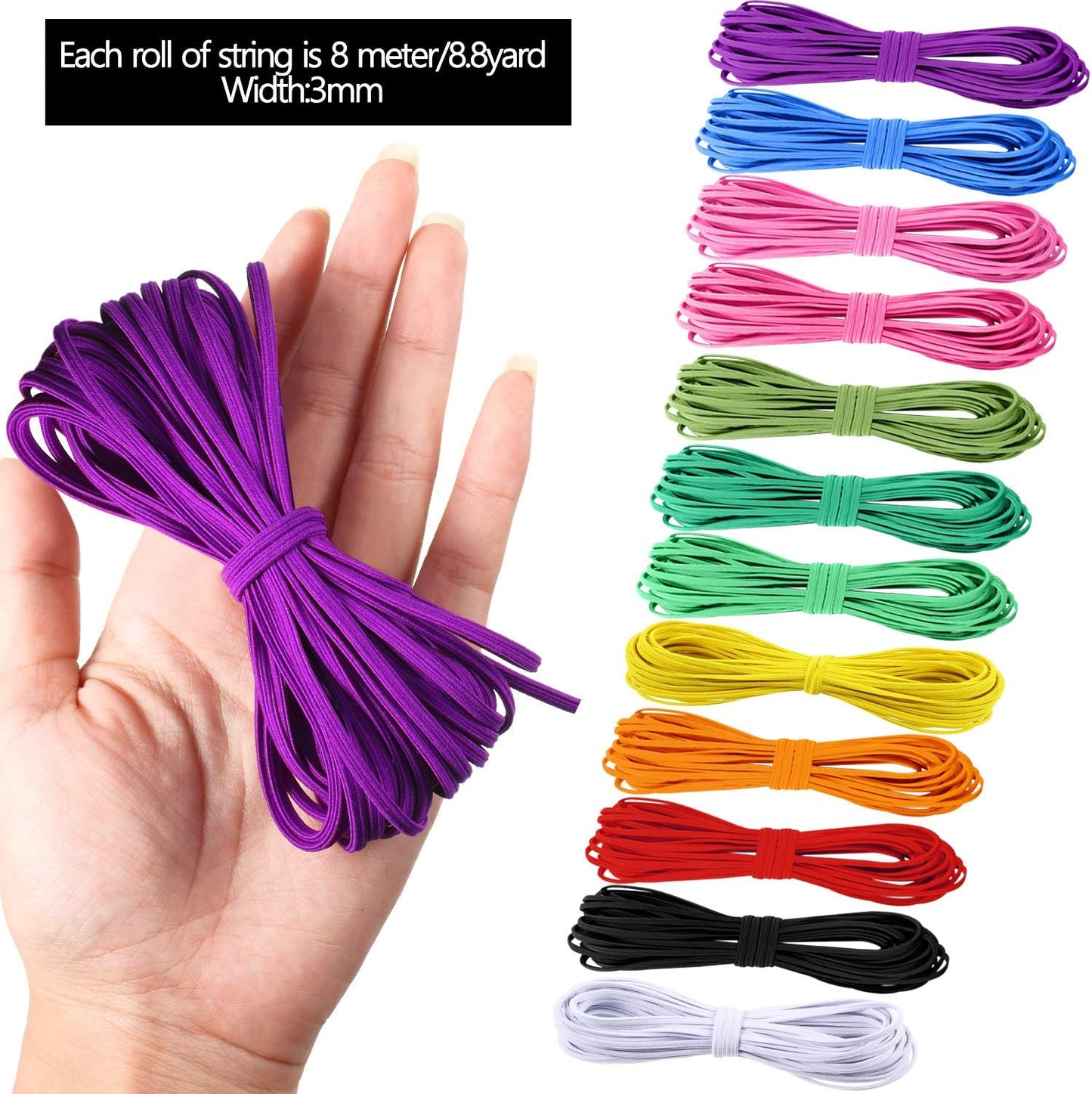 WILLBOND 12 Rolls Colorful Elastic Cord - Heavy Duty Stretch Knitted Flat Band for Sewing Crafts DIY Comforter Cuffs (1/8 Inch X 8.8 Yard, Bright Color)