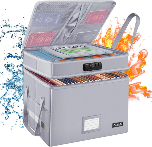 DocSafe File Box with Lock,Multi-Layer Fireproof Document Box Collapsible File Storage Organizer with Pocket,Large Portable Home Office Filing Cabinet Safe for Hanging Letter/Legal Size Folder,Silver