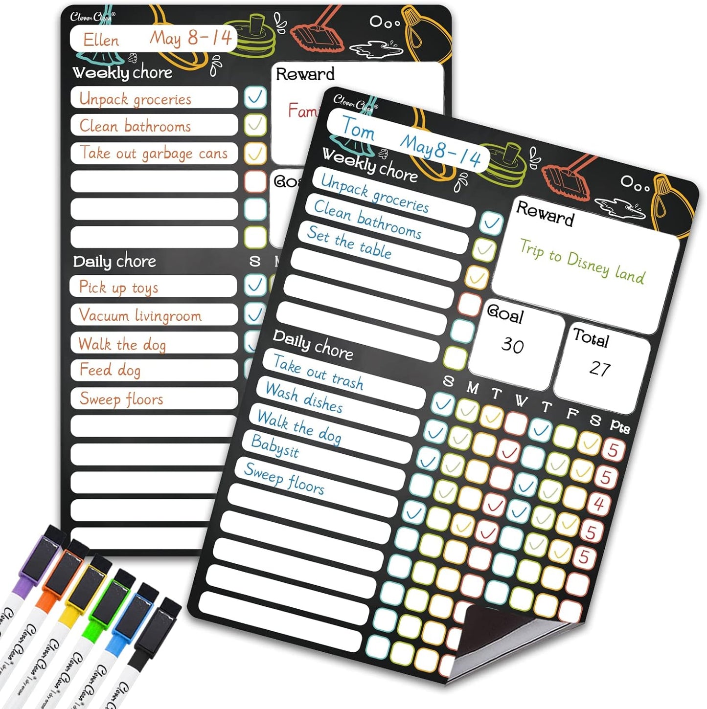CLEVER CLEAN Magnetic Dry Erase Chore Chart - 8.5"x12" Behavior Responsibility Chore Board for Kids, Teenagers, Adults - 6 Extra Fine Point Markers Included - Shipped Flat