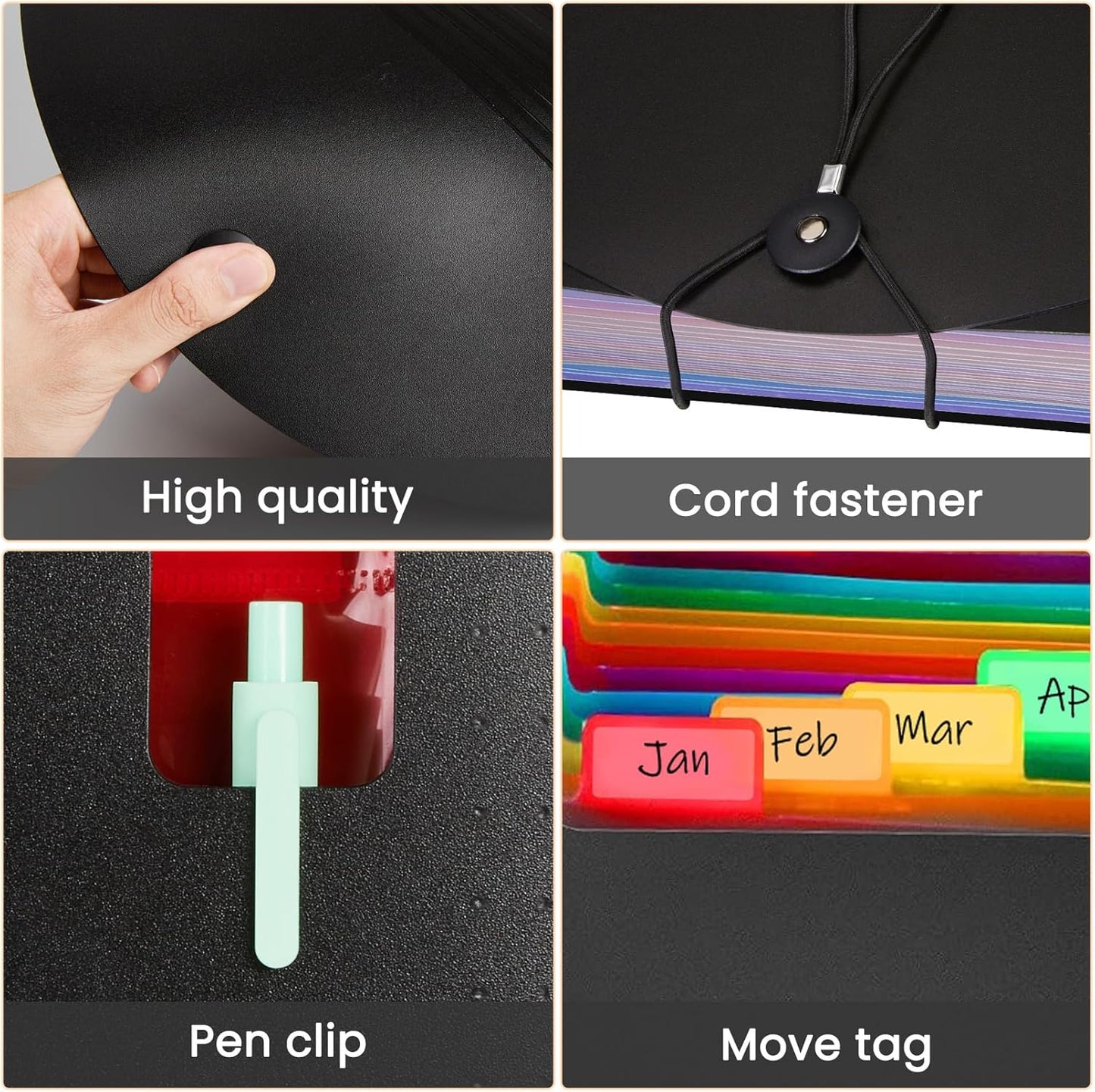 Sooez Accordion File Organizer, 13 Pockets Expanding File Folder, Portable Monthly Paper Bill Tax Receipt Organizer, Letter A4 Size Document Holder with Blank Labels, White