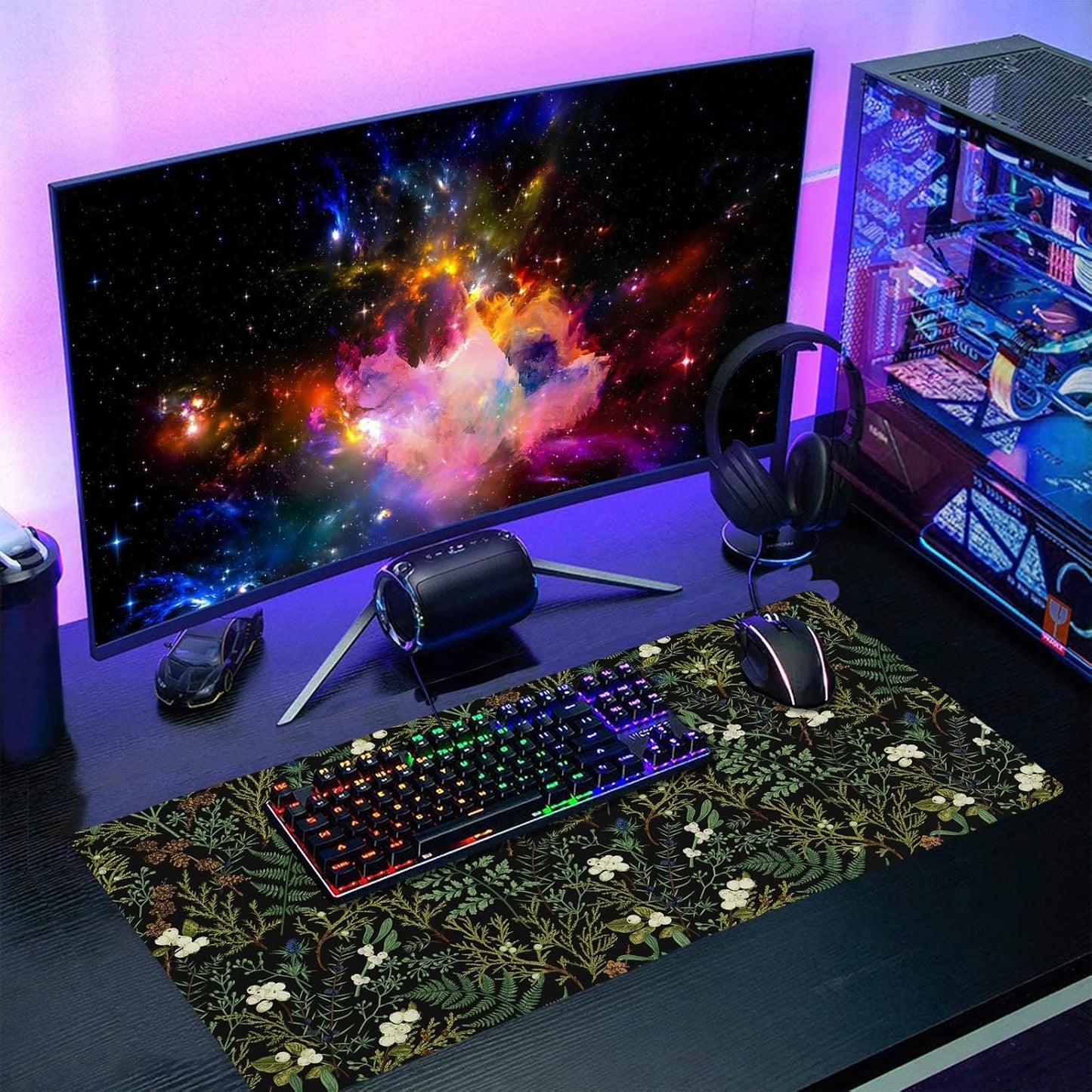 Black Aesthetic Vintage Botanical Gaming Mouse Pad Large XL Cute Forest Green Plant Nature Floral Extended Large Big Mousepad Non-Slip Stitched Edge Long Mat for Desk Computer,24x14 Inch,60x35 CM