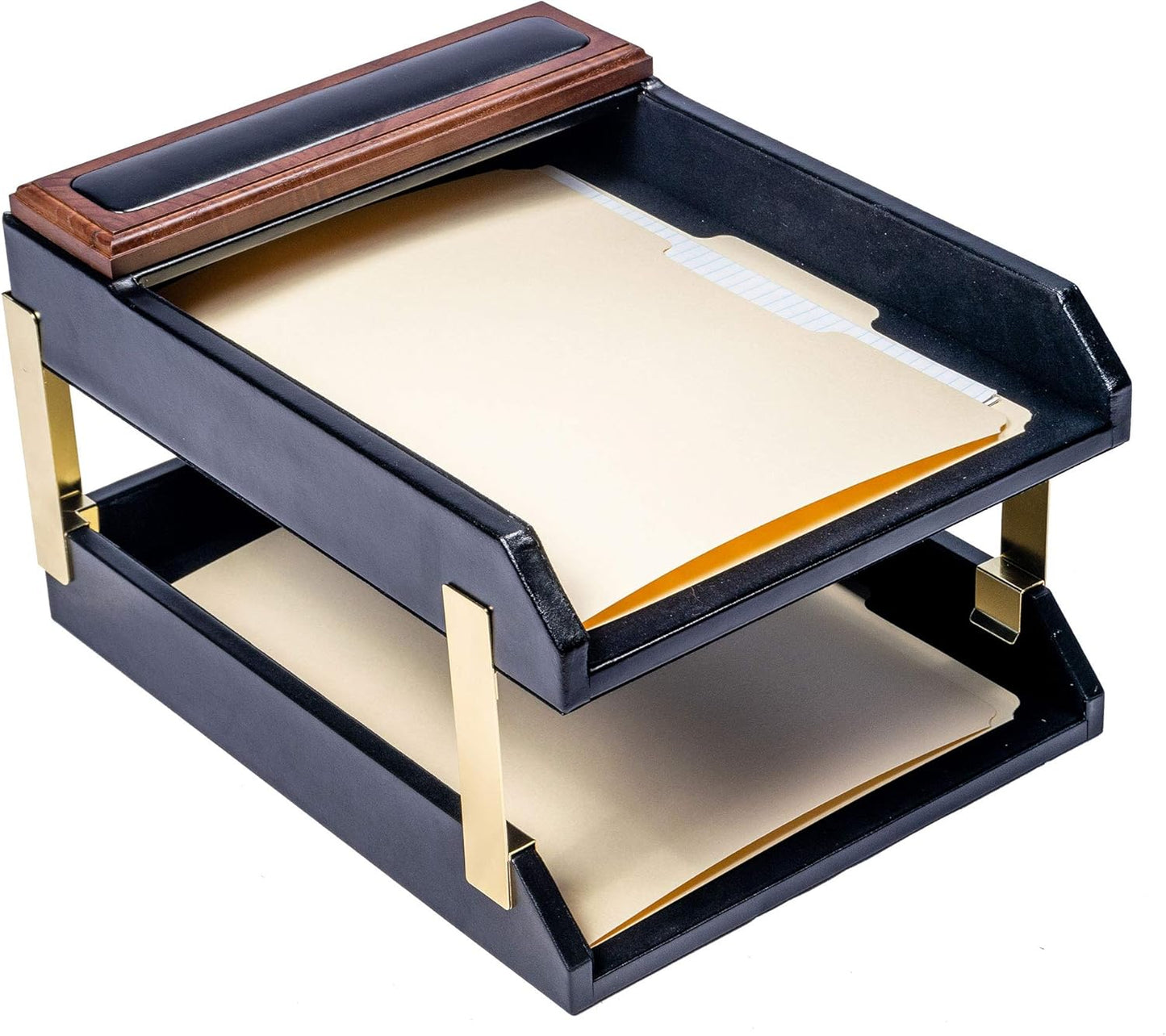 Dacasso Walnut and Black Leather Desk Set, 10-Piece, 34" x 20"