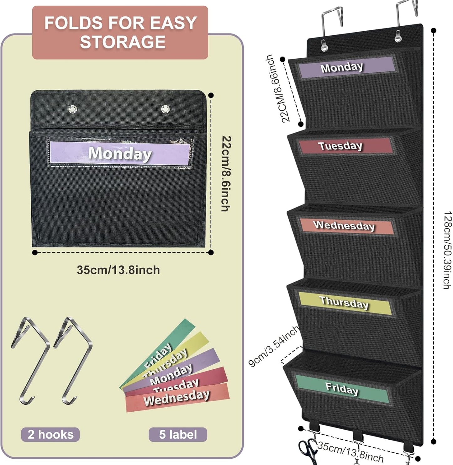 Weekly Over the Door File Organizer, Hanging File Folders Wall Organizer with 5 Large Pockets for Papers, Charts, Mails, Magazine, Office and Back To School Supplies Storage and Organization (Black)