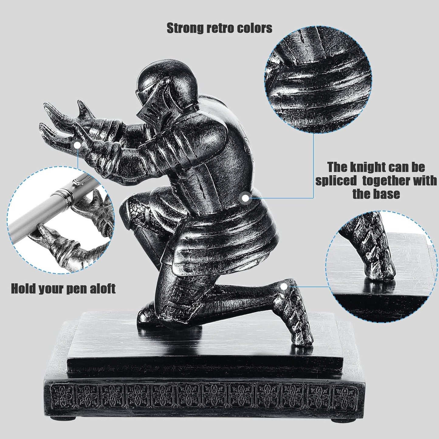 Spakon Knight Pen Holder with 2 Pens Resin Desk Organizers and Accessories Funny Executive Pen Stand Fancy Cool Office Gadgets Cool Desk Decorations for Men Home Supplies(Classic,Iron)