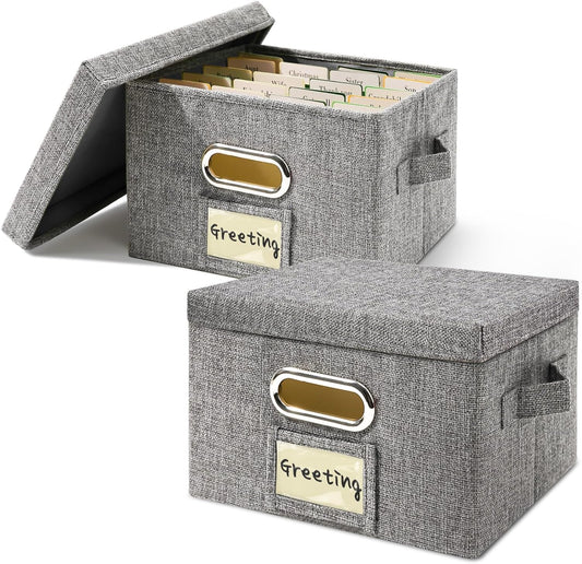 Vienrose Greeting Card Organizer 2 Pack, Storage Box with 20 Adjustable Dividers, Foldable Organizer Box Holds over 150 Cards, Storage Stickers Recipes Photos Envelopes Bills Vinyl Records, Grey