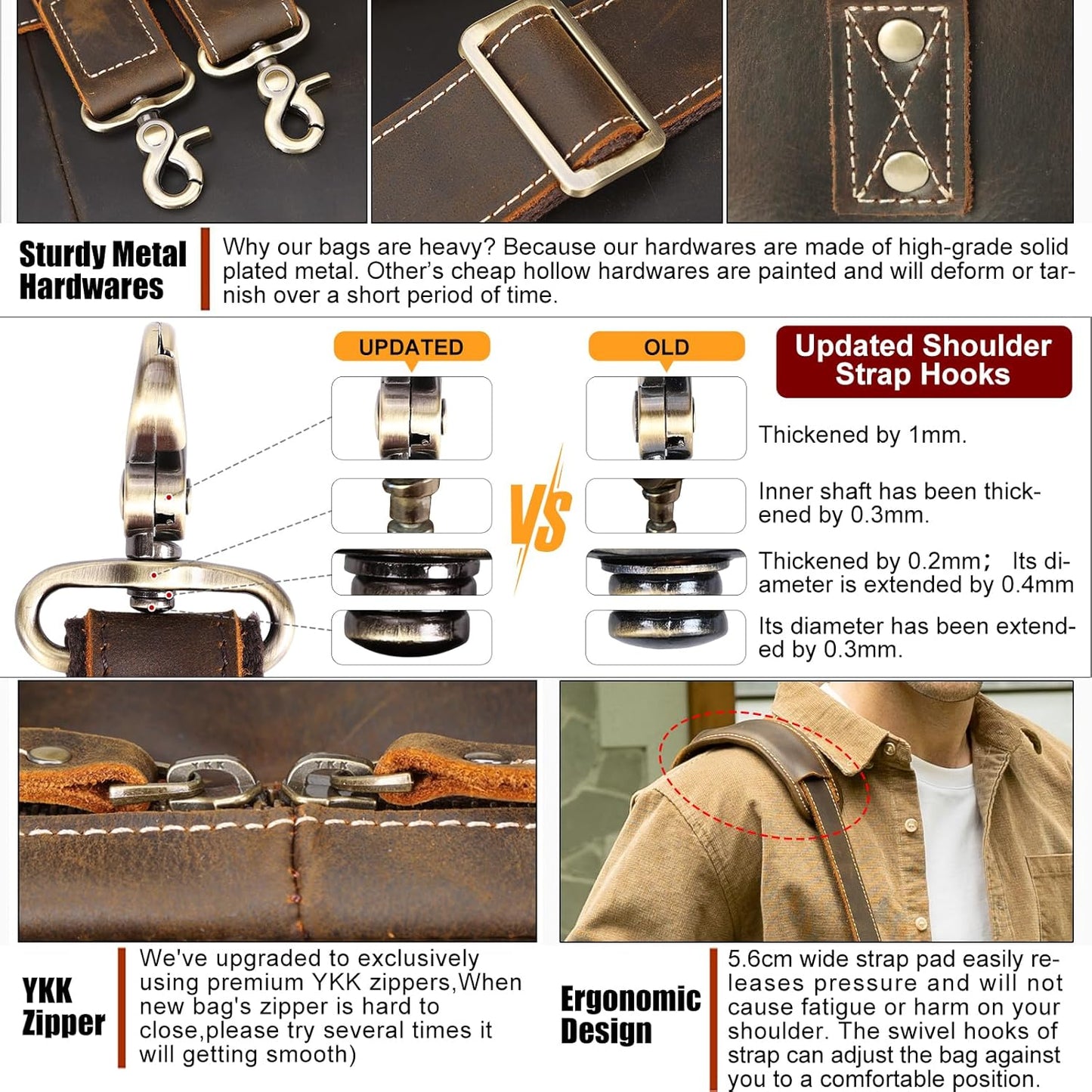 Masa Kawa Leather Briefcase for Men 15.6", 17" Laptop Computer Case Business Travel Work Messenger Cross Body Shoulder Bag