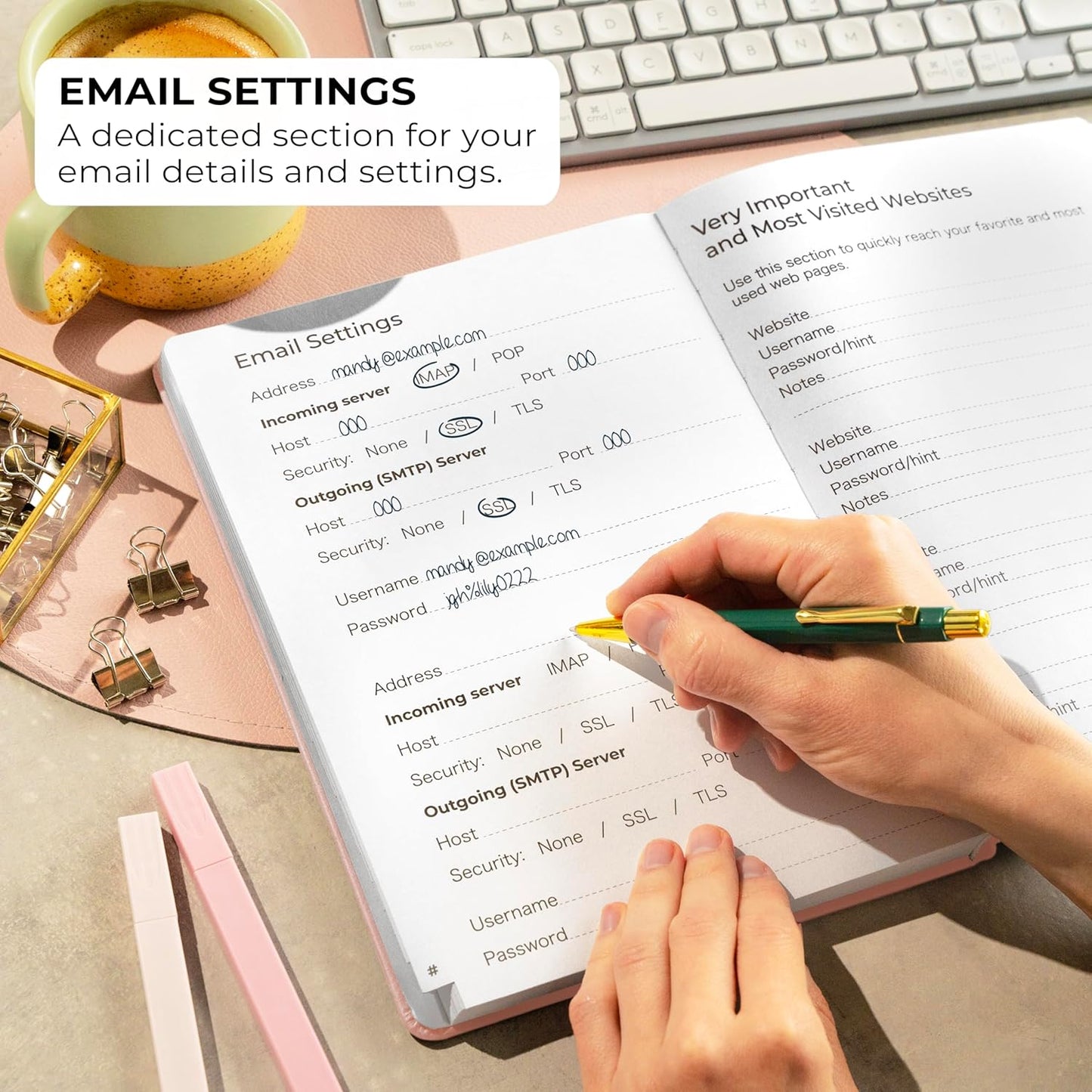 Clever Fox Password Book with alphabetical tabs. Internet Address Organizer Logbook. Large Password Keeper for Website Logins (Rose Gold)