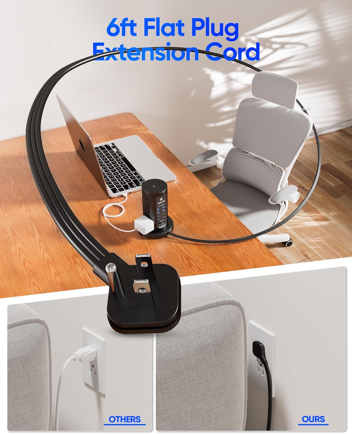 Power Strip Tower, kakyanill Surge Protector Tower 10 AC Outlets 8 USB (4 USB C), 6 Ft Retractable Extension Cord, Charging Station for Office Dorm Room, Black