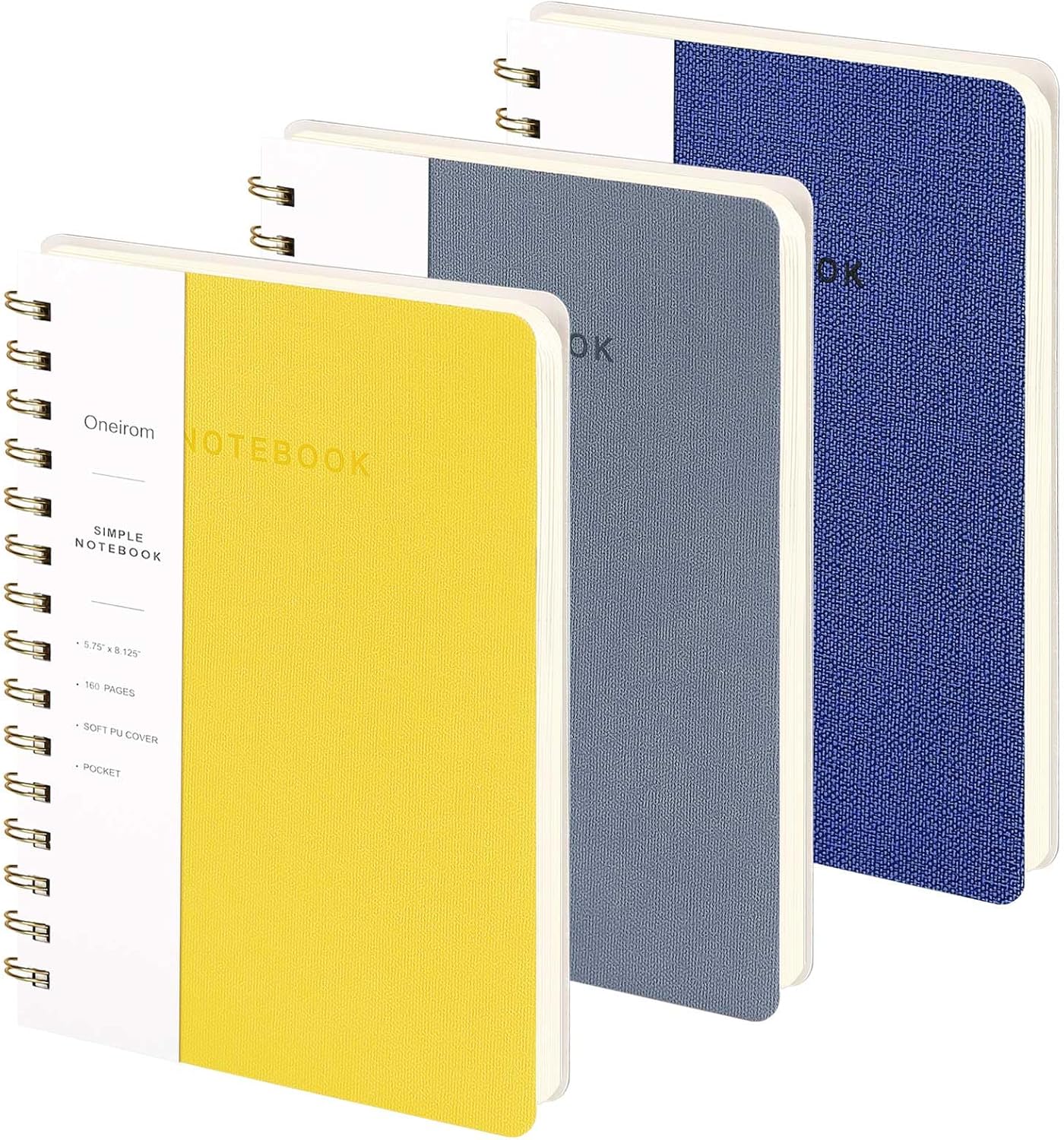 Lined Spiral Notebook College Ruled A5 Journal Book for Note Taking, 160 Pages Writing Journal for Office and Home School Supplies 5.75x8.125 inch (3pack-Light Yellow/Reef Blue/Navy Blue)