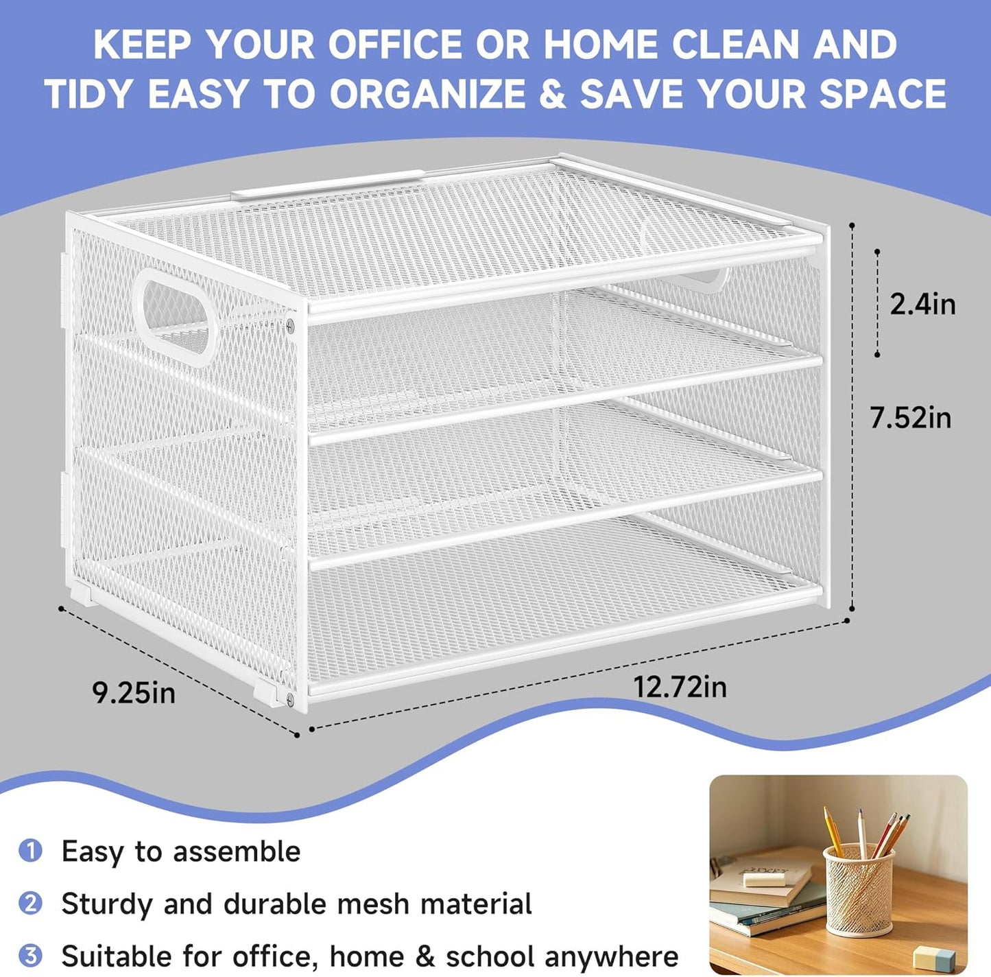 Subekyu Paper Letter Tray Organizer for Desk, White Metal Mesh Desk File Sorter Organizer with Handle and 2 Sliding Trays for Home Office School Supplies Organization