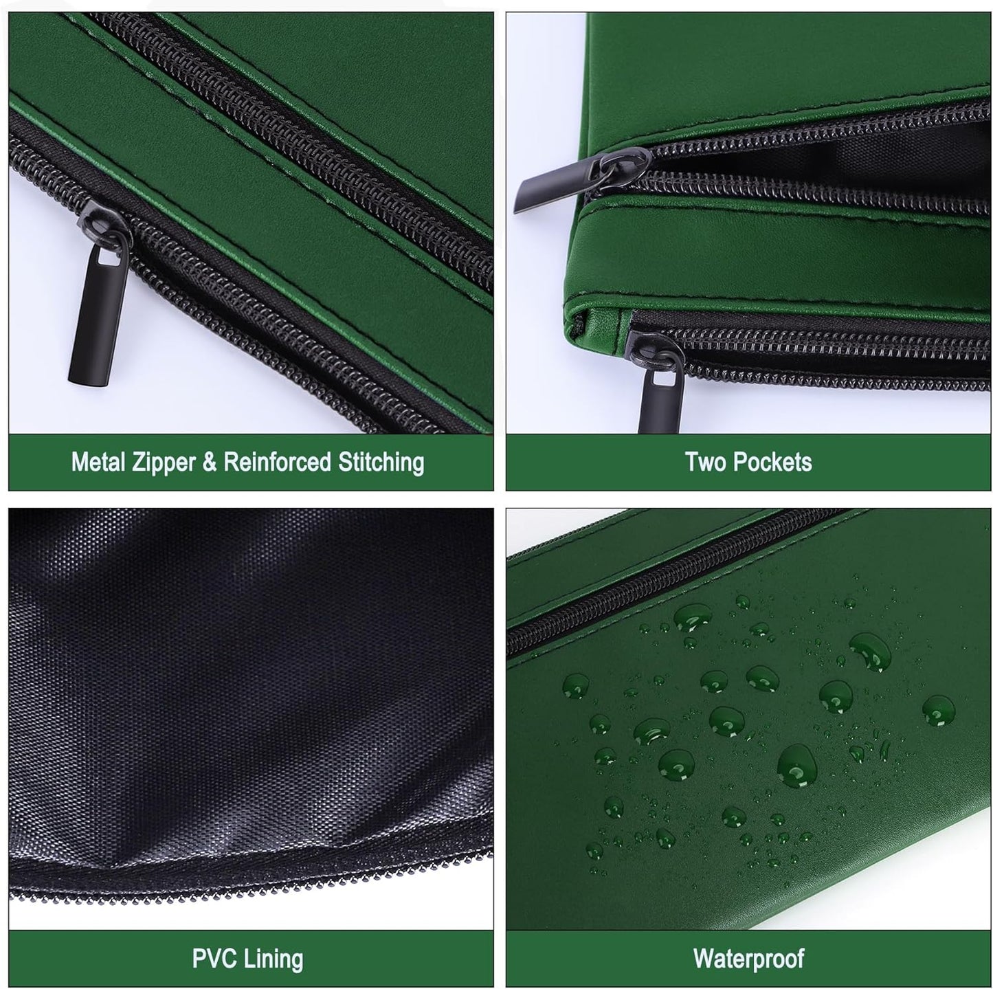 HAUTOCO 2 Pack Money Bag with Zipper 11x6.1 inch Money Pouch with Lined PU Leather Bank Bag Two Pockets Utility Wallet for Cash Check Receipt Coins Cosmetics, Deep Green