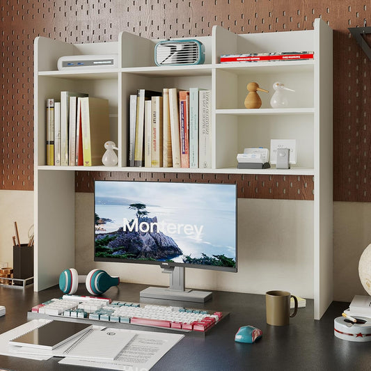 ChooChoo Desktop Bookshelf, Wood Desk Hutch Organizer with 7 Shelves for Computer Desk, Desktop Shelf Bookshelf Storage for College Dorm Office Home, White