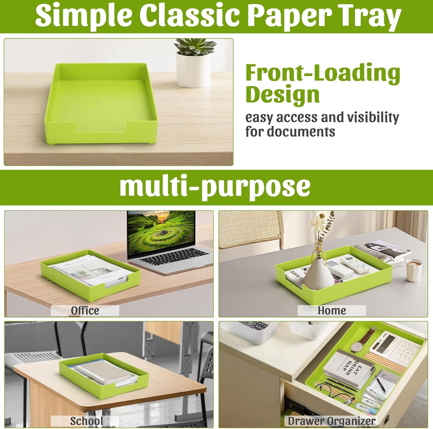 Letter-Size Tray Desk Letter Tray Paper Tray, Sturdy Heavy-Duty Plastic Printer Paper Tray, Single-Tier Stackable File Storage Organizer for Office Home (1, Green)