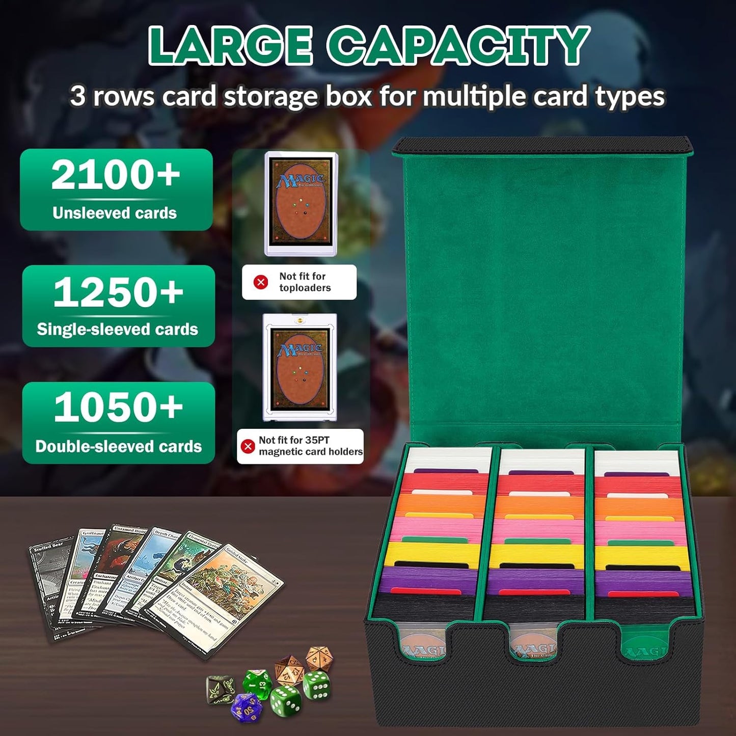 Card Storage Box for Trading Cards, 2100+ Card Deck Case with PU Leather and Magnetic Closure, TCG Storage Box, Suitable for MTG, YuGiOh, and Sports Cards, Includes 8 Card Dividers