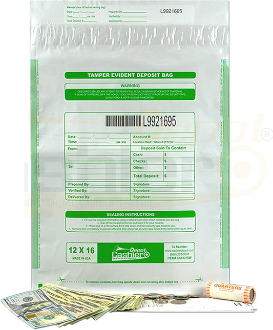 200 Cashier Depot Tamper Evident Bank Deposit Bags, 12" x 16" White/Opaque, Serialized Numbering, Barcode, Press & Seal Void Closure Tape (200 Bags)
