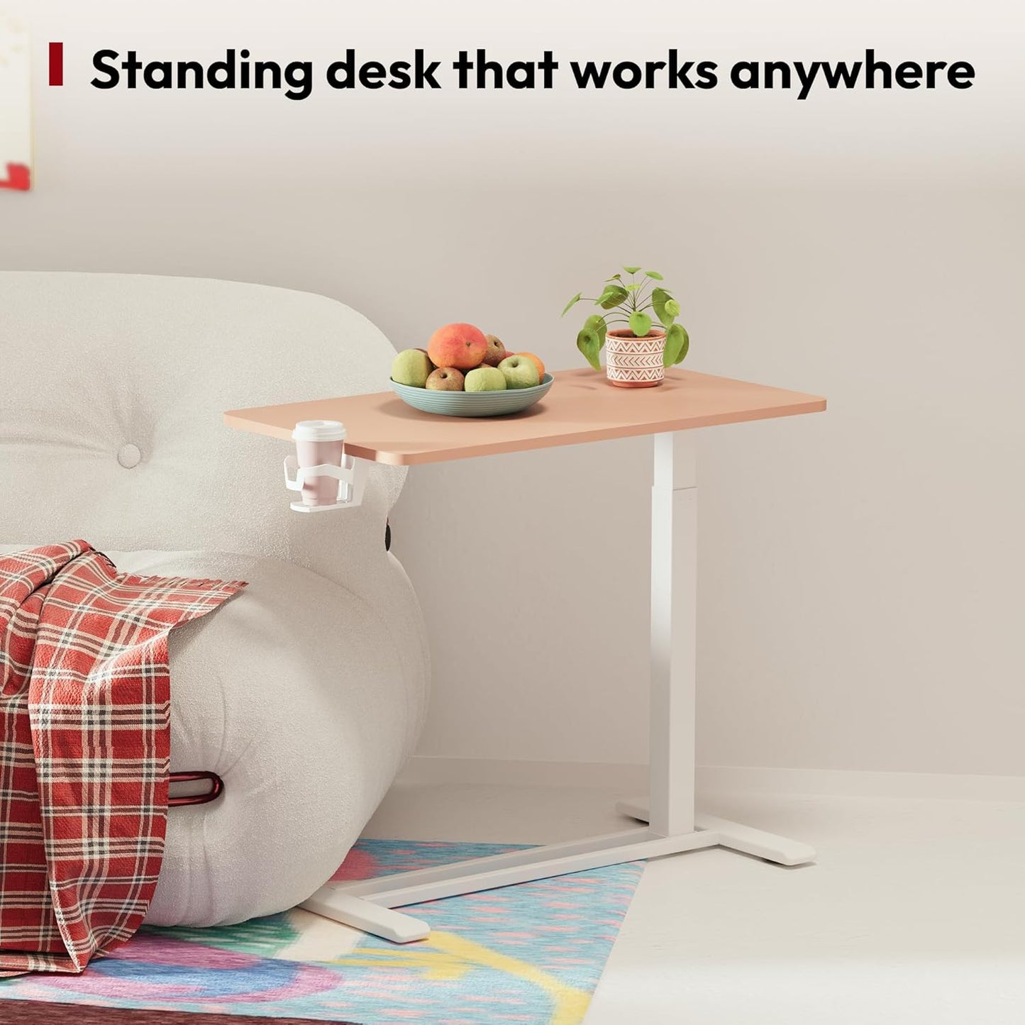 SANODESK Mobile Standing Desk with Hidden Wheels,Pneumatic Laptop Desk Rolling Computer Cart Movable Height Adjustable Small Sit Stand Desk for Home Office(31.5" W x 17.7" D, Pink)