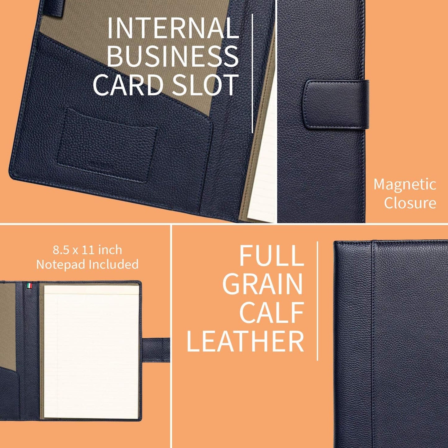 Maruse Italian Leather Executive Padfolio, Folder Organizer with Magnetic Closure and Writing Pad, Handmade in Italy, Navy Blue