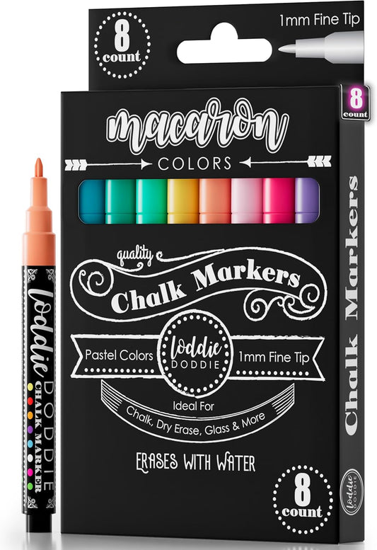 Loddie Doddie Liquid Chalk Markers Fine Tip - 8 Pack Macaron Pastel 1mm - Erasable Low-Odor Ink For Chalkboard & Dry Erase Markers - Non-Toxic Smudge-Proof