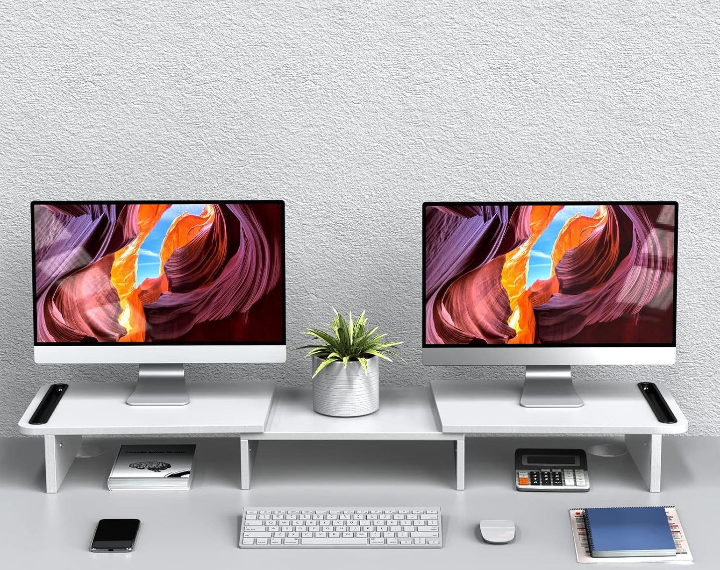 Zimilar Dual Monitor Stand Riser, Monitor Stand with Adjustable Length and Angle, Wood Monitor Stand for Desk, Monitor Riser for 2 Monitors with Storage Space