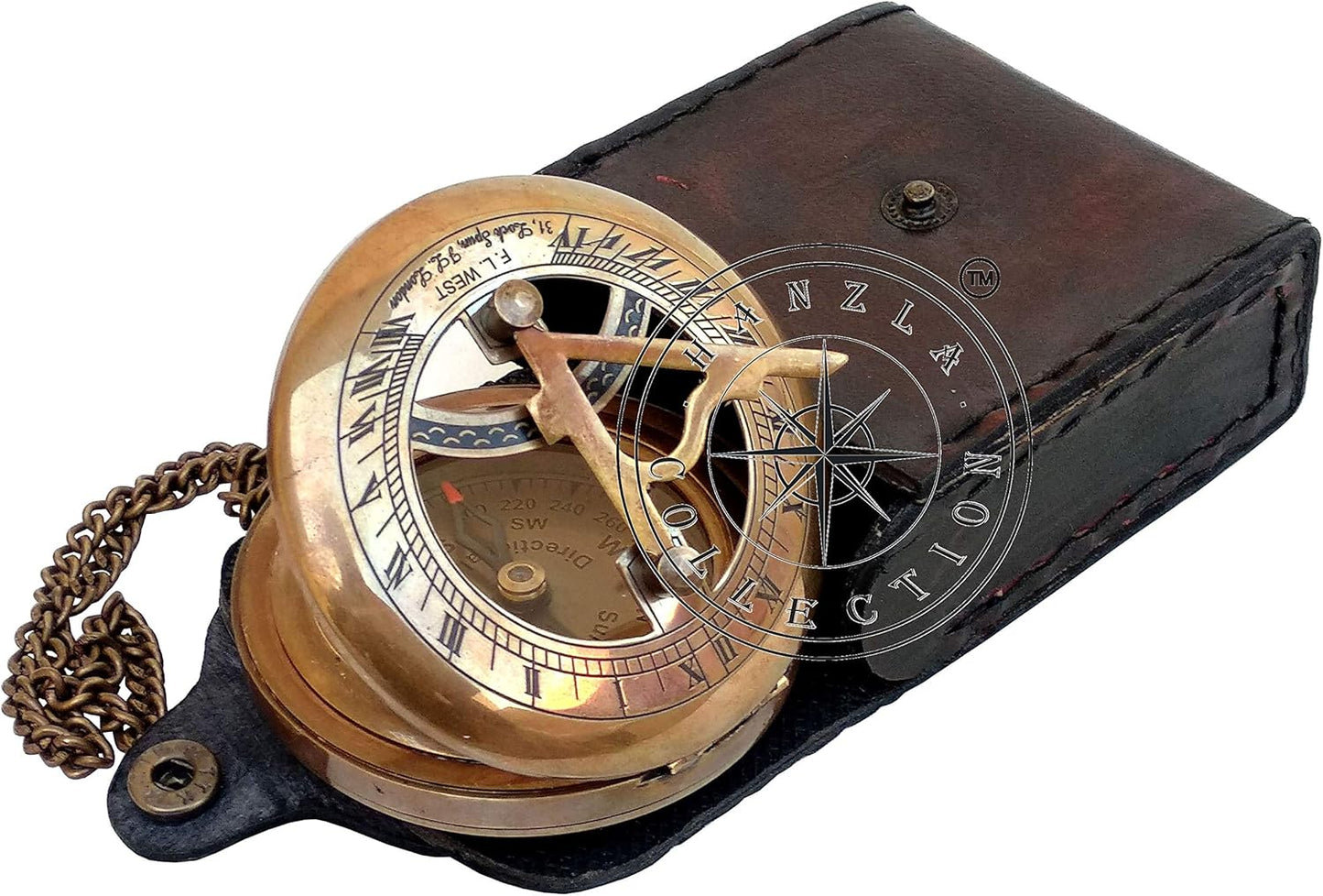 Brass Sundial Compass with Leather Case and Chain - Push Open Compass - Steampunk Accessory - Beautiful Handmade Gift - Nautical Sun Clock