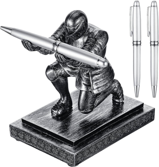 Spakon Knight Pen Holder with 2 Pens Resin Desk Organizers and Accessories Funny Executive Pen Stand Fancy Cool Office Gadgets Cool Desk Decorations for Men Home Supplies(Classic,Iron)