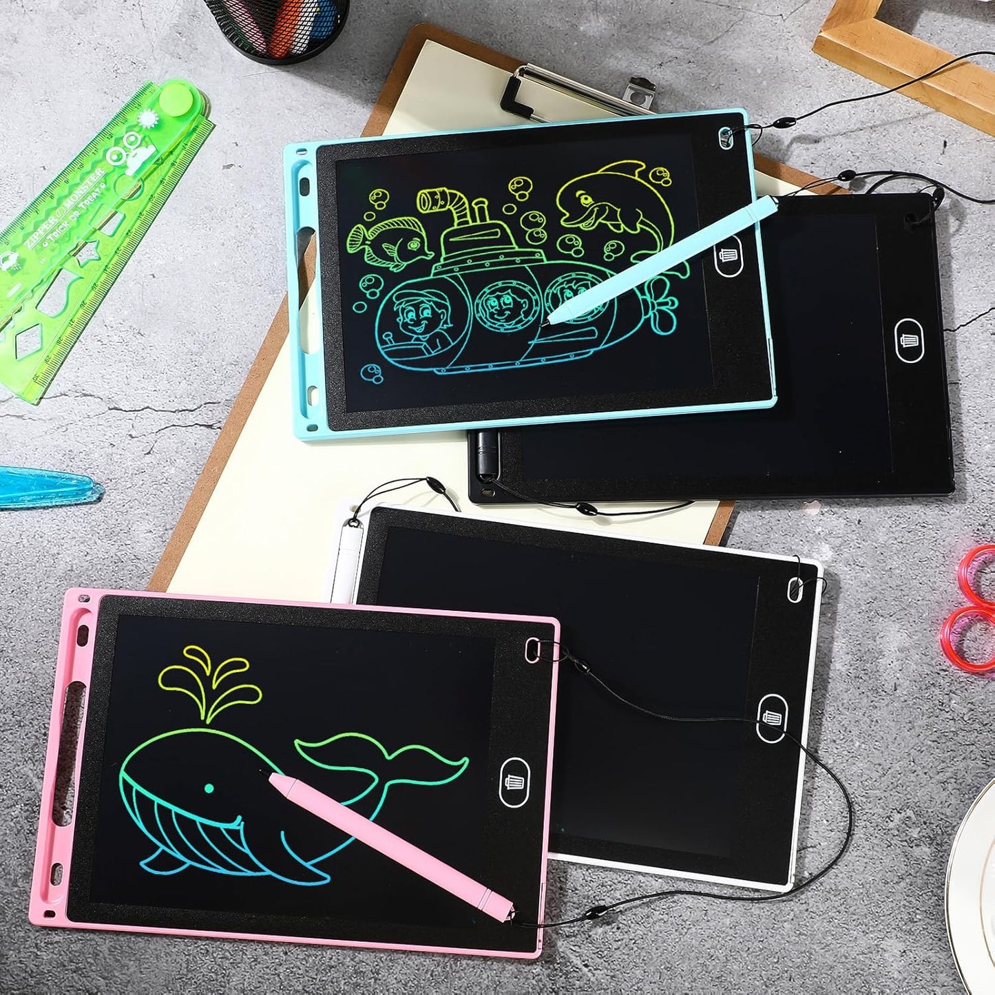 Tinlade 12 Pack LCD Writing Drawing Tablets 8.5 Inch Bulk Colorful Doodle Board Erasable Electronic Painting Drawing Pads Learning Toy Gifts for Kids Christmas School(Pink, Light Blue, White, Black)