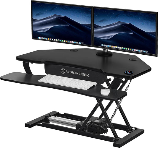 VERSADESK® PowerPro™ 36" Corner Standing Desk Converter, 36 Inch Motorized Height-Adjustable Standup Desk Riser Sit to Stand Desktop with Keyboard and Mouse Tray + USB Charging Port, Black