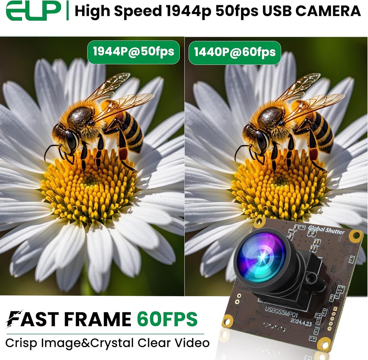 ELP 5MP Global Shutter 50fps USB Camera - Wide Angle Webcam for Live Streaming (100 No Distortion Lens)