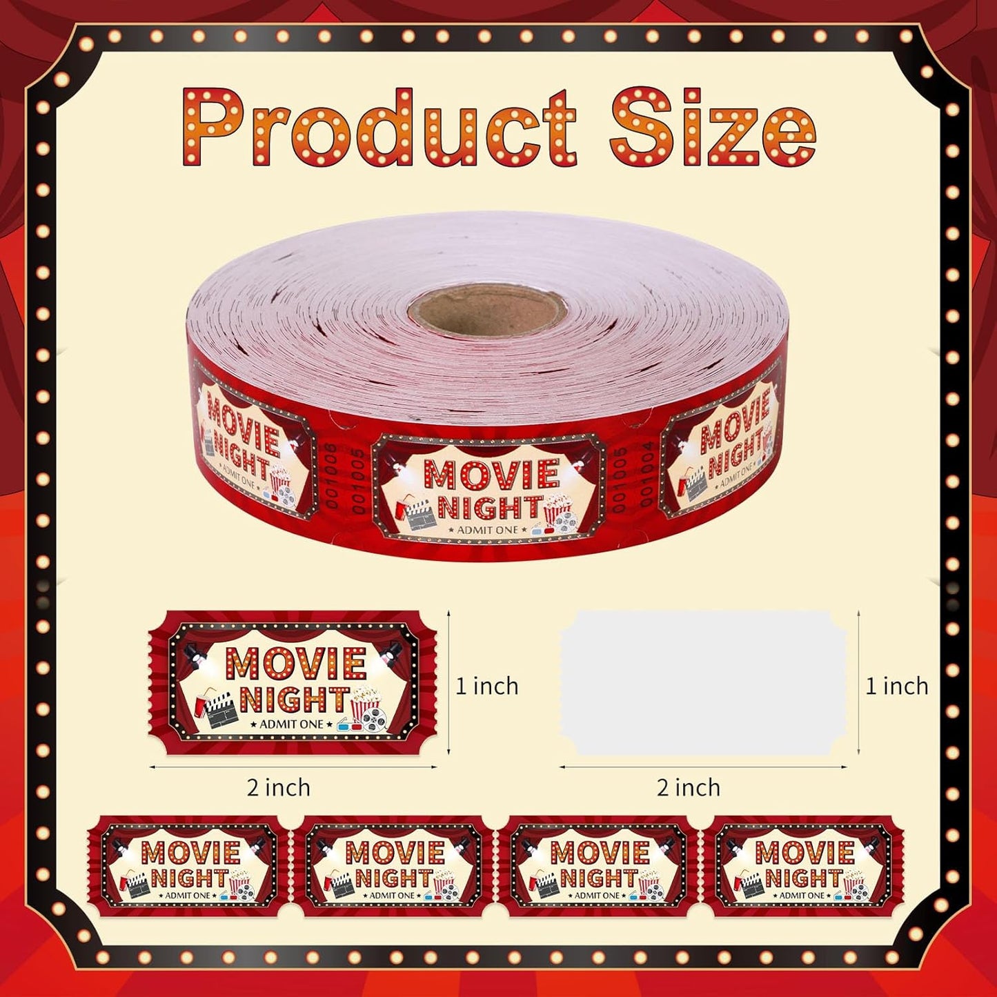 1000 Pcs Carnival Movie Tickets Roll Movie Night Theme Party Decorations Raffle Tickets Party Entry for Events Carnival Favors Supplies