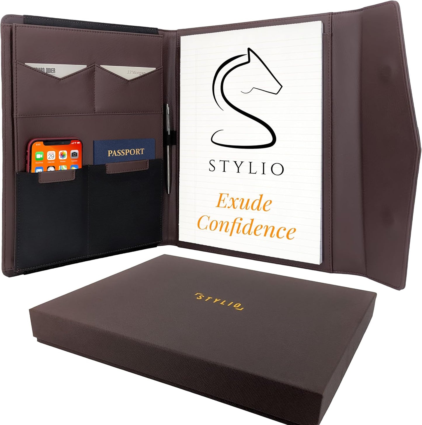 STLYIO Trifold Padfolio - Magnetic Closure. Stretchable Compartment for Tablet, Documents. Elastic Pockets for Phone, Gadgets, Passport, Travel Documents. Letter-Sized Notepad and Gift Box Included.