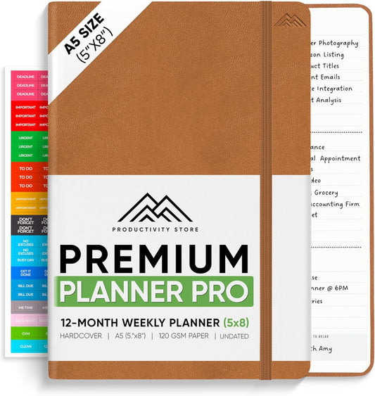 2025 Planner Pro 5.8 x 8.3 - Undated Productivity & Business Planner Notebook & Journal - Monthly Planner 2025 & Daily Planner 2025-2026 - A5 - Brown - Productivity Store