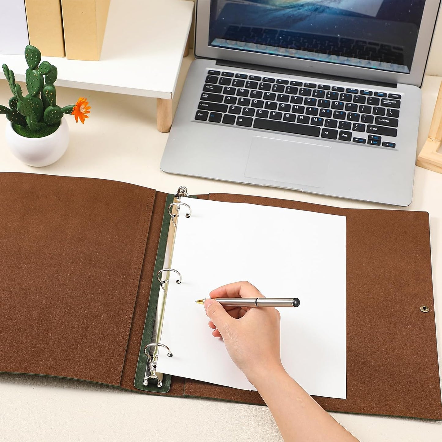 Teling Leather 3 Ring Binder Holds 8.5 x 11 Inch Paper Binder Organizer Vintage Faux Leather Portfolio Folder Planner for Office Home Document Photo Diary Supplies (Dark Green)