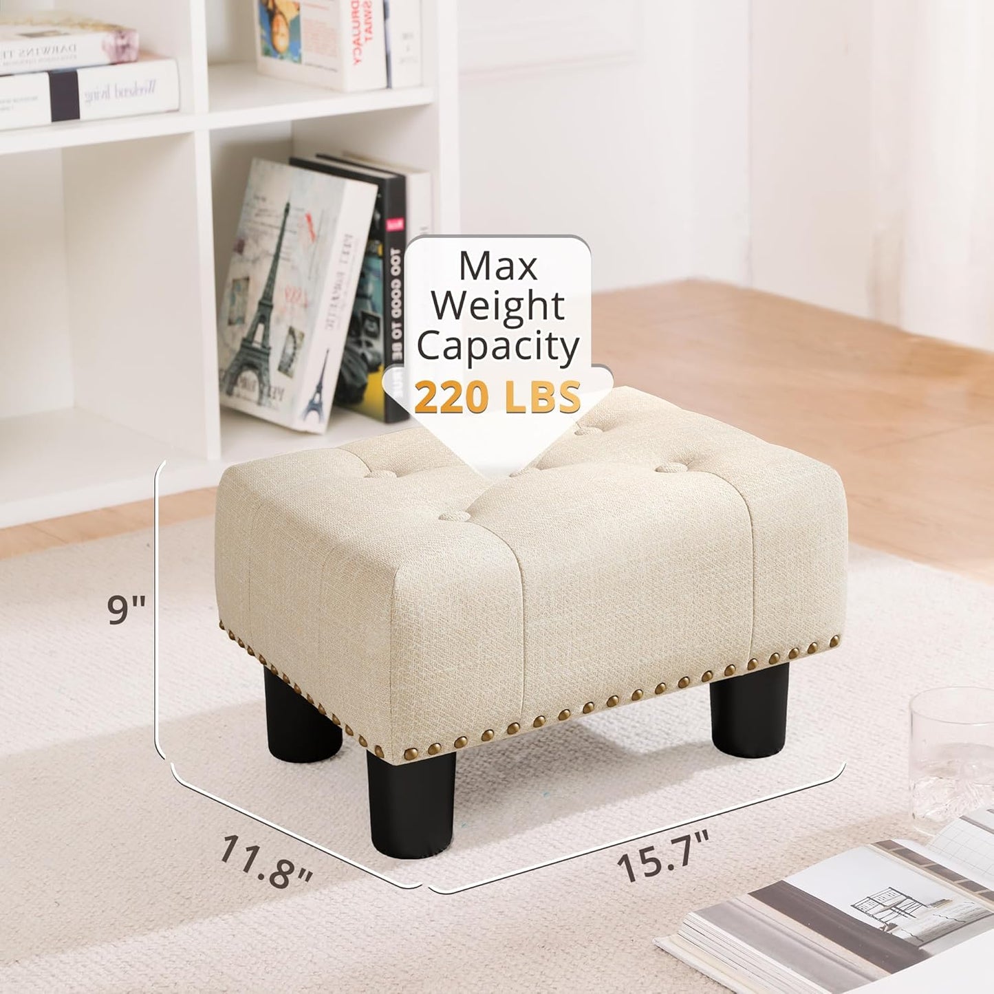 LUE BONA Small Tufted Foot Stool, Beige Linen Rivet Tufted Footrest with Plastic Legs, 9''H, Rectangle Foot Stools for Adult with Non-Slip Pads, Sofa Footstool for Living Room, Couch