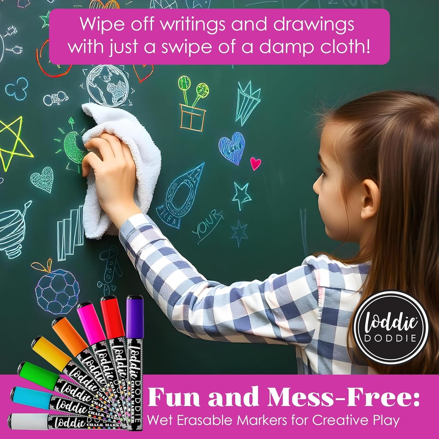 Loddie Doddie Liquid Chalk Markers - 8-Pack, 6mm Reversible Chisel & Bullet Tips - Erasable Neon Pens for Blackboard or Chalkboard - Chalk Markers for Blackboard