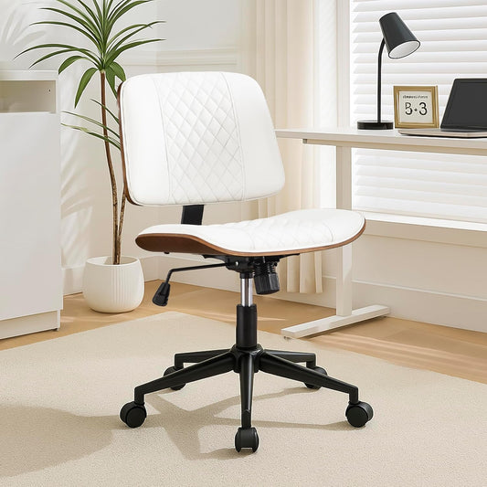 Stylish White Home Office Chair – Armless PU Leather Mid-Back Chair with Adjustable Height, Swivel Wheels, Walnut Finish for Study, Bedroom, or Dorm Room