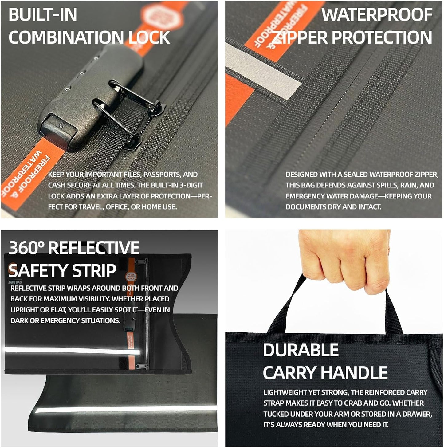 Fireproof Document Bag (Black) – Waterproof Zipper & Lock – for Home, Office & Travel – Holds Files, Cash, Passport, Valuables – Fire & Water Resistant