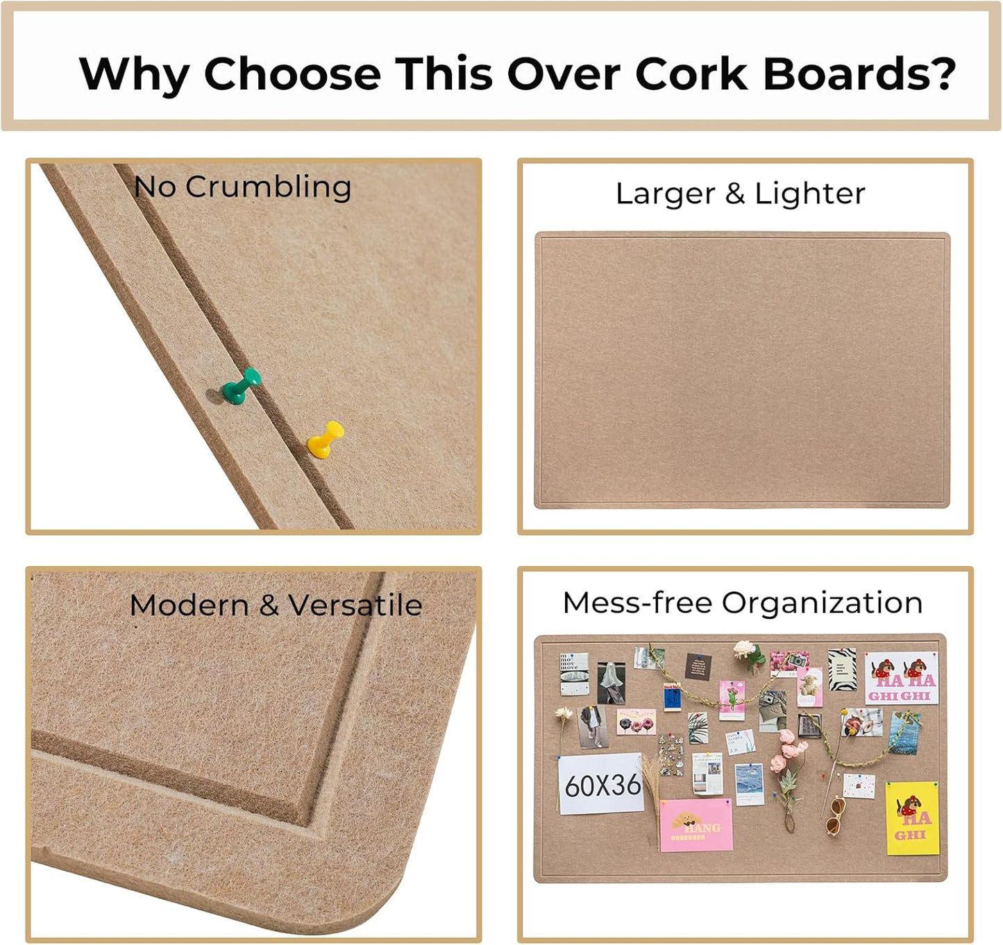 Foldable Large Felt Bulletin Board for Wall 60"x 36", Decorative Picture Framed Display Board with Self-Adhesive Tape for School, Home, Kitchen & Office Walls, Includes 30 Pins, Oatmeal