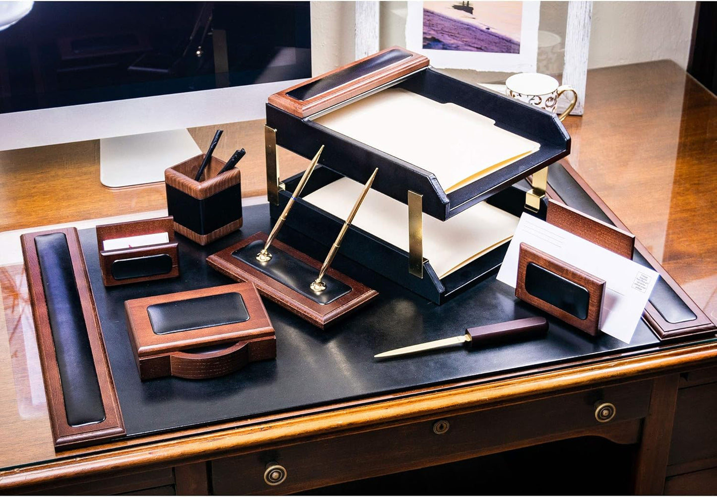Dacasso Walnut and Black Leather Desk Set, 10-Piece, 34" x 20"
