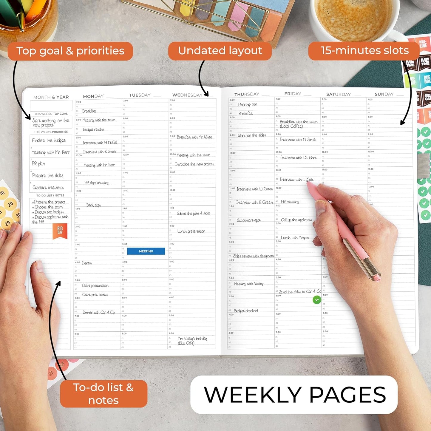 Clever Fox Appointment Book – Hourly Schedule Planner with 15-Minute Increments – Time Box Planner for Daily Work & To-Dos – Weekly & Monthly Spreads, Undated, Hardcover, 8.3x11″ (Foggy Alps)