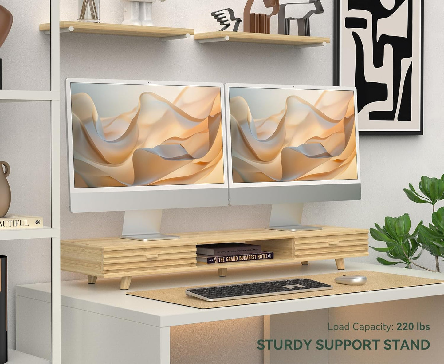 Bamboo Monitor Stand with Drawer - Desk Organizer with Cable Management & Storage, Ergonomic Laptop Riser for Home Office (220lbs Capacity, 39 inch ,Natural)