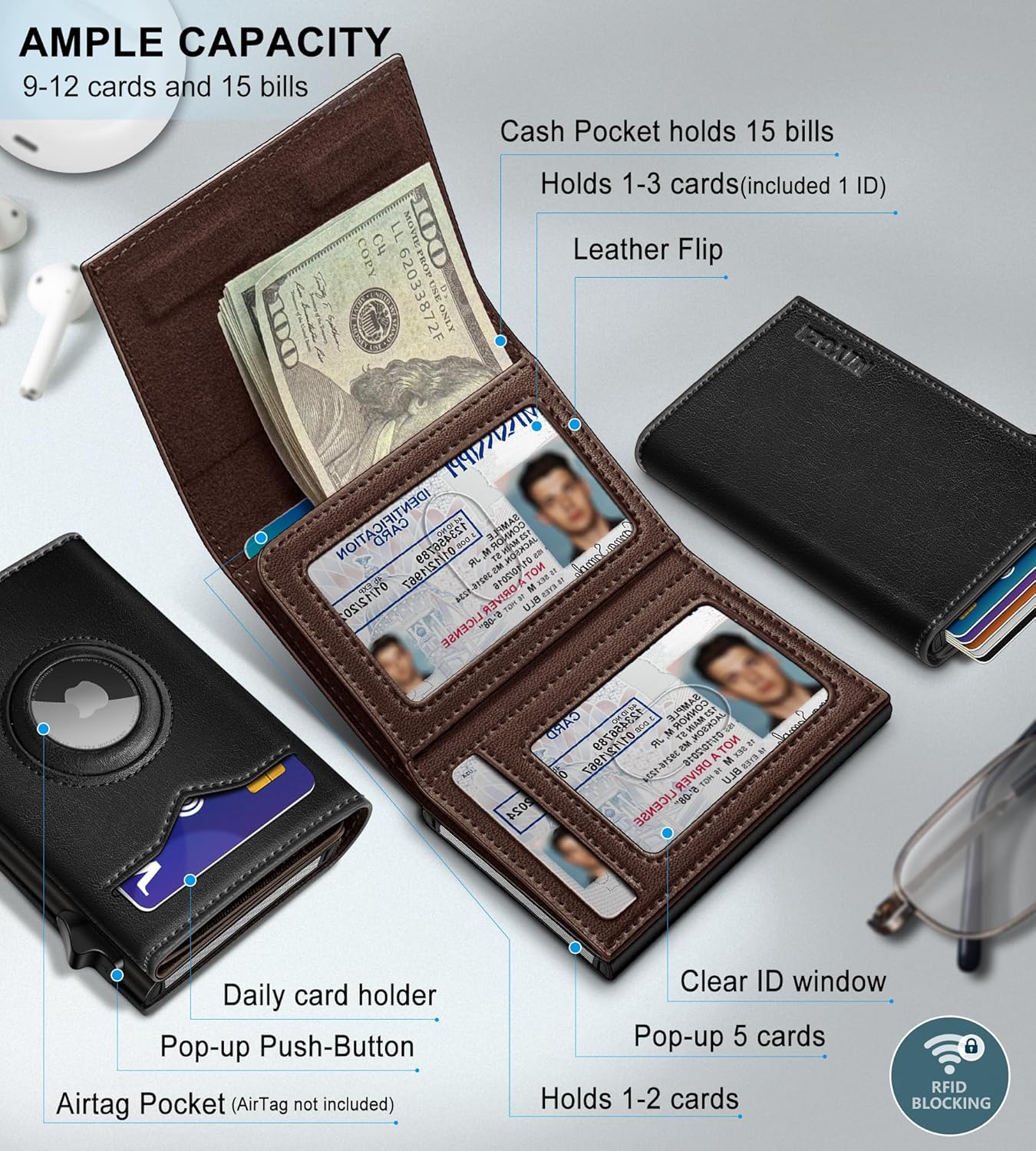 Airtag Wallet for Men,with Cash Pocket 2 ID Window 9-12 Cards,Metal Case Smart Slim Pop Up Credit Card Holder Flip with Magnetic Closure RFID Blocking Trifold wallet with Gift Box