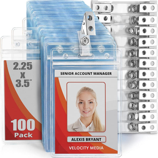 Mifflin-USA Vertical Plastic Card Holder with Metal Clip and Vinyl Straps (Clear, 2.25x3.5 Inch, 100 Pack), Waterproof PVC ID Name Badge Holder with Clip