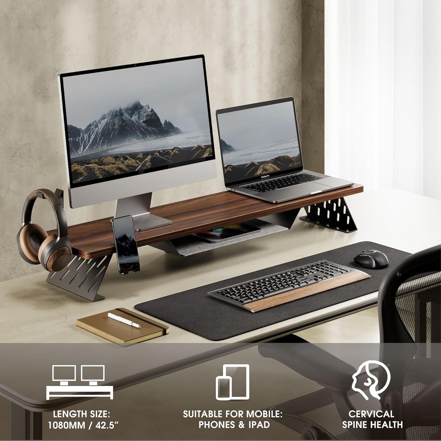 Fenge Dual Monitor Stand, 42.5 Inch Monitor Riser for Desk, Wood Desk Shelf for 2 Monitors, 2 Tier Monitor Shelf with Headphone Stand & Phone Holder
